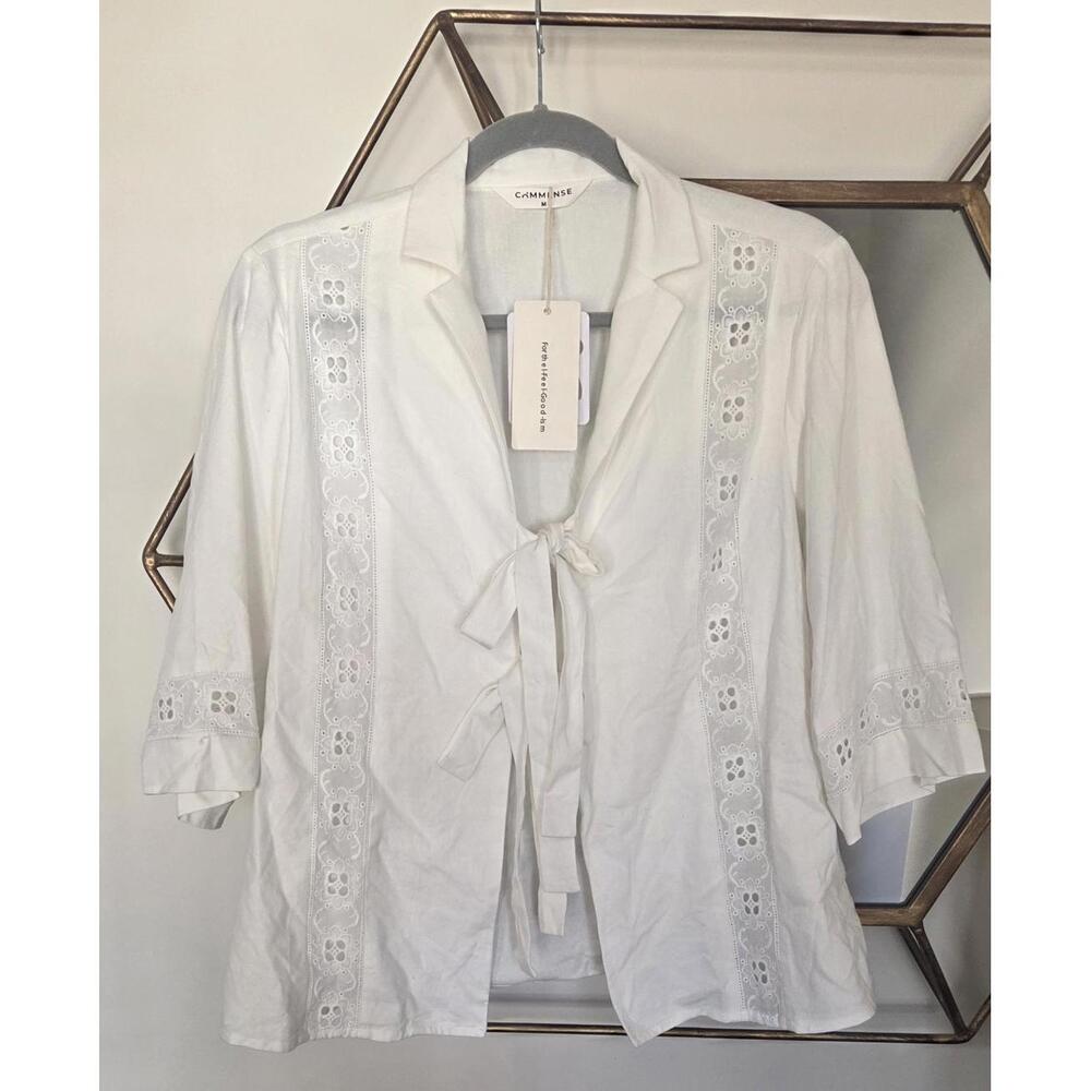NWT Commense White Eyelet Blouse with Front Ties, size M